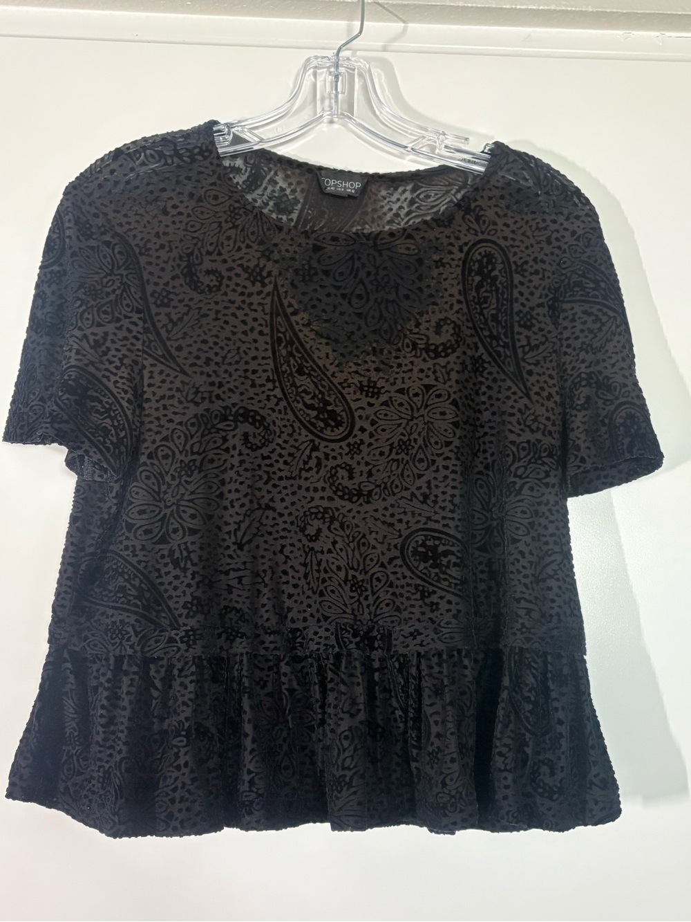 TOPSHOP Black Mesh Velvet Burnout Whimsigoth Blouse with Ruffle Hem
